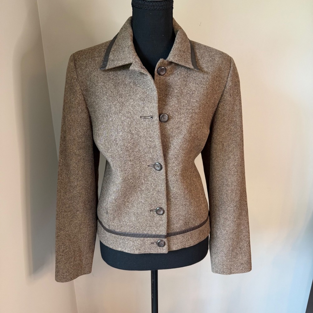 Vintage Pendleton Wool Jacket Women 10P Brown Leather Trim Tweed Blazer
